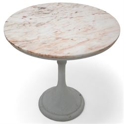 Mid-to-late 20th century marble and painted cast iron tulip table, circular white and pink marble top over a white painted pedestal