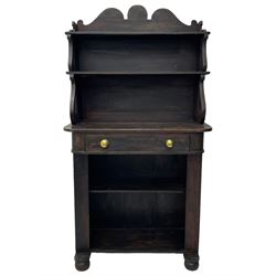 Victorian scumbled pine chiffonier, raised shaped back fitted with two shelves on S-scroll supports, rectangular top with rounded corners over single frieze drawer and open shelf, on projecting rounded sledge platforms and compressed bun feet, scumbled to resemble rosewood 