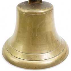 20th century brass bell with ornate split bracket, H20cm x bell D20cm