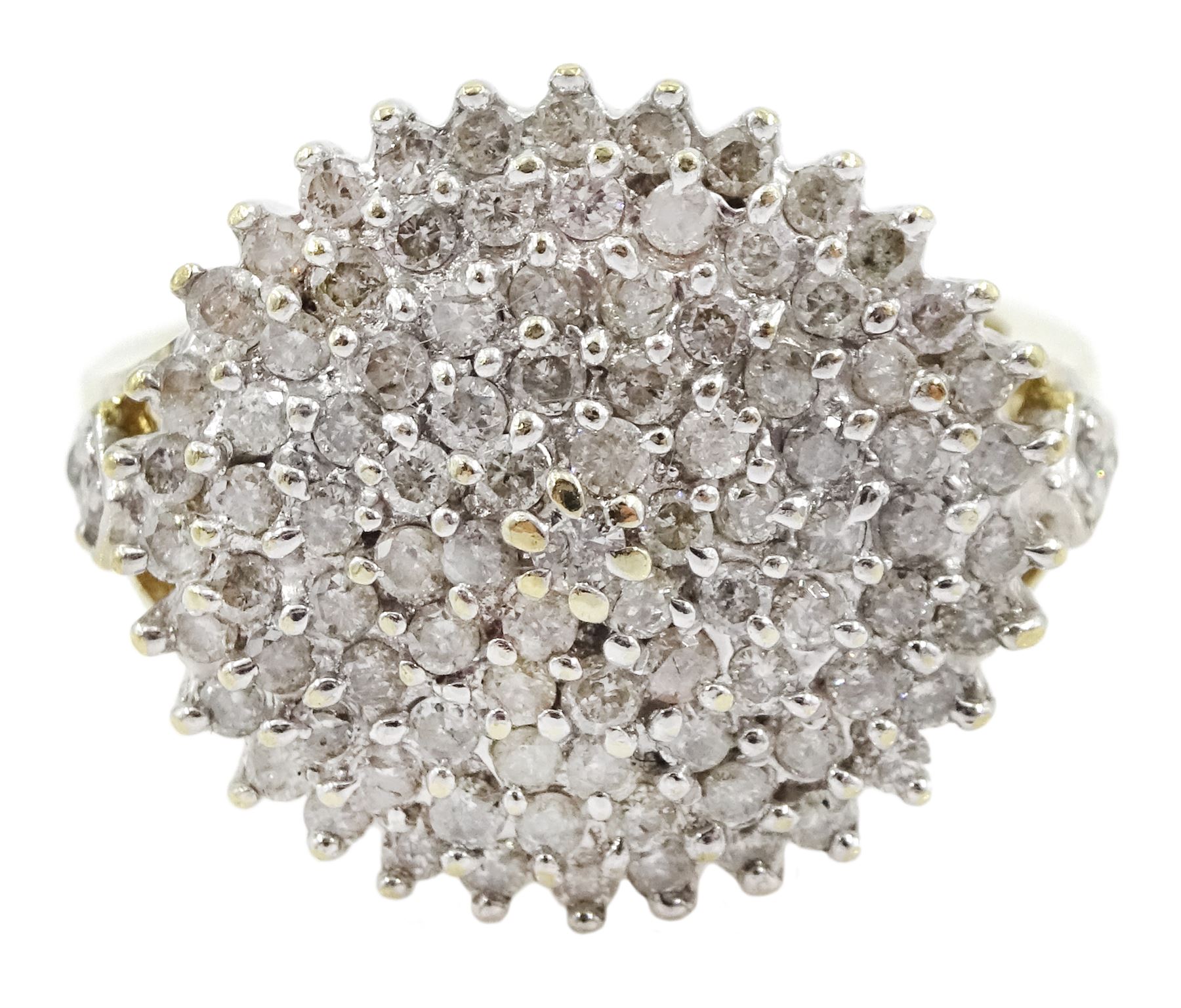 9ct gold diamond chip cluster ring, with diamond set shoulders, hallmarked, total diamond weight 1.00 carat