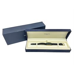 Raymond Weil ladies 'Othello' wristwatch, the rectangular 18ct gold plated case with blue enamel dial, on a Raymond Veil navy blue crocodile leather strap, in original box