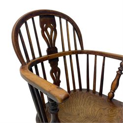 19th century yew wood and elm Windsor armchair, low double hoop stick and pierced splat back, dished seat on turned supports united by crinoline stretchers