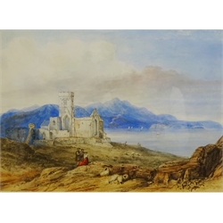  English School (19th century): 'Iona Abbey' with figures and sheep, watercolour unsigned 31cm x 43cm 'Lindesfarne Abbey' with sailing boat, watercolour unsigned 13cm x 20cm (2)  