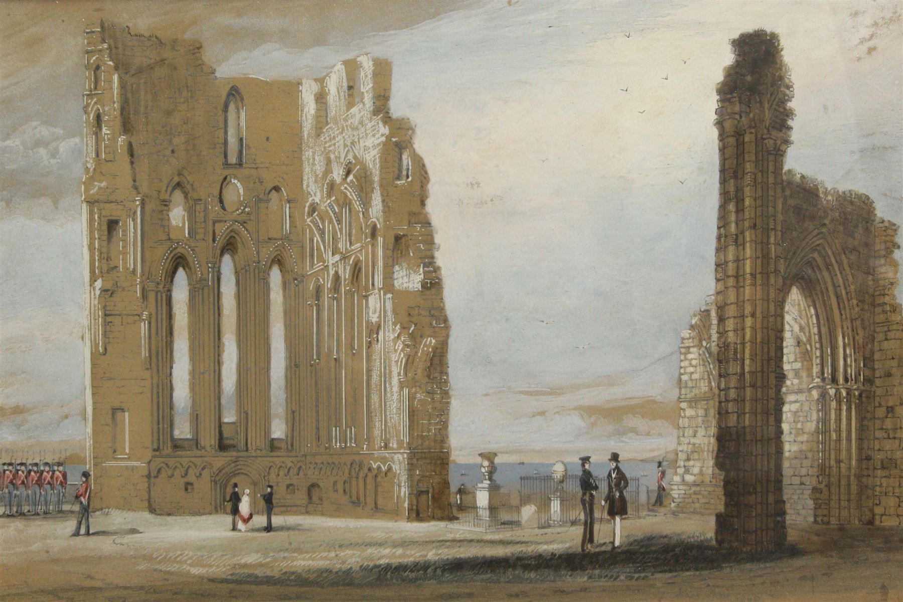 Isaac Shaw (British Mid-19th century): Officers at Tynemouth Priory, watercolour signed and dated 1848, 22cm x 32cm