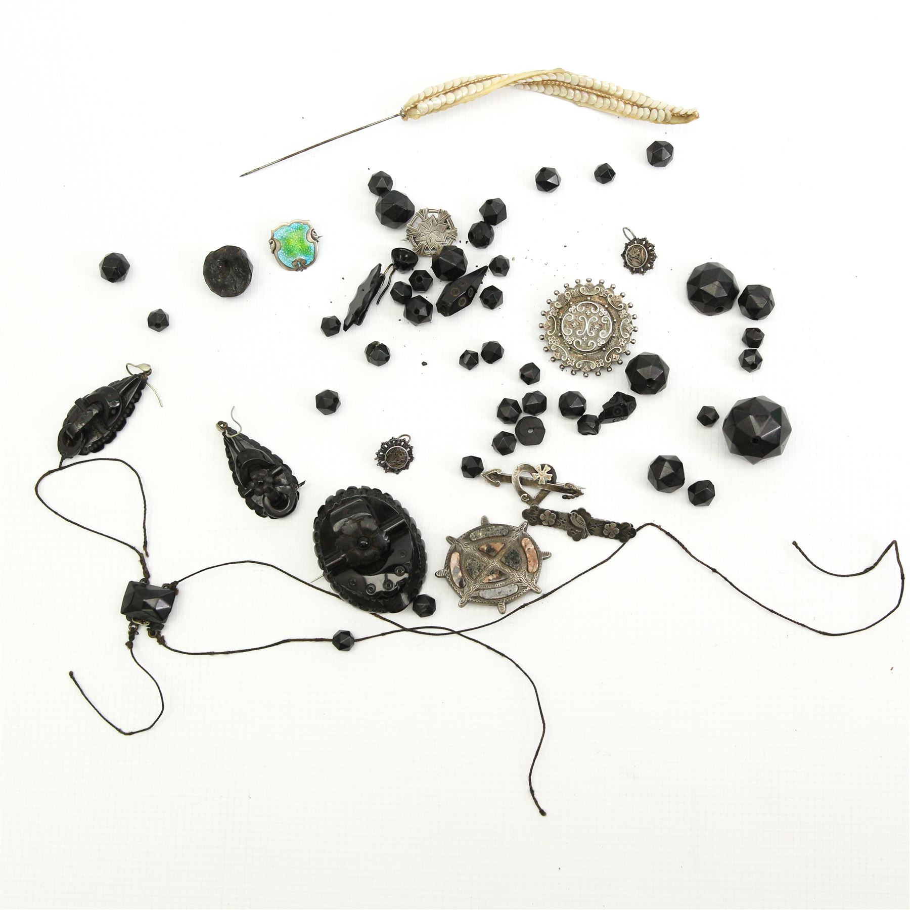 Early 20th century silver and enamel brooch by James Fenton, together with five Victorian silver brooches, including a Scottish hardstone example and a pair of silver earrings, Victorian jet brooch and a pair of near matching pendant earrings and some loose jet beads, together with a collection of Victorian and later costume jewellery