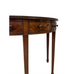 19th century mahogany demi-lune side or console table, reeded edge over central frieze drawer flanked by two hinged drawers with cock-beaded facias and turned handles, raised on square tapering supports with spade feet, the rear supports and feet chamfered in profile