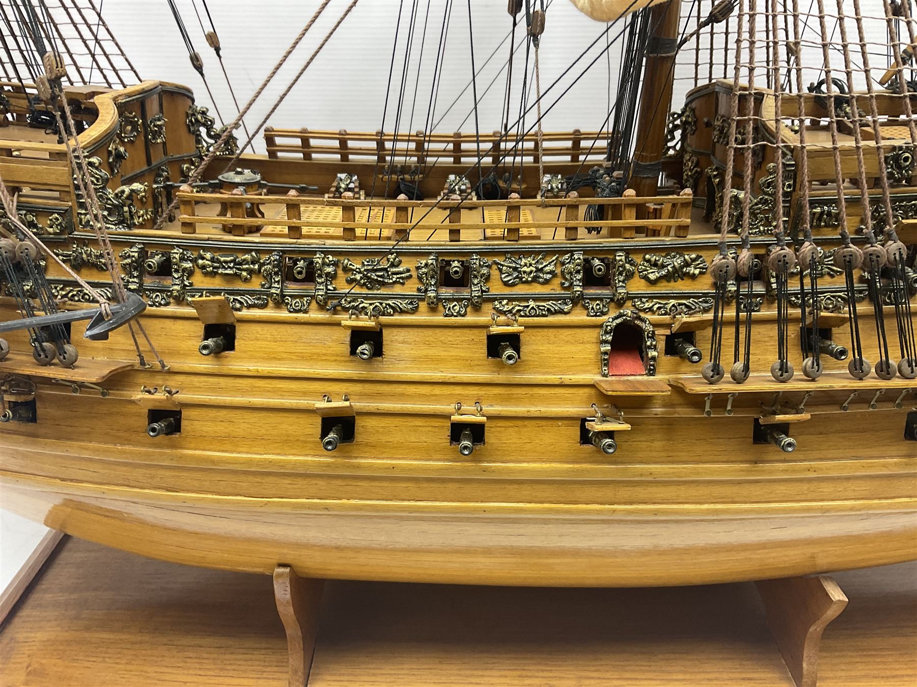 Large kit built scale model of 17th century Royal Navy warship 'HMS Sovereign of the Seas', upon wooden stand with engraved name plaque, H91cm, W111cm