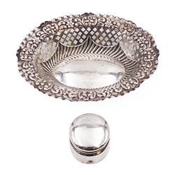 Small Victorian silver box, with rounded cover, hallmarked M Bros, Birmingham 1898, together with a Victorian silver pierced dish, hallmarked William Aitken, Chester 1899, dish W13cm