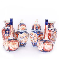 Three pairs of Imari vases, including a pair of baluster form with covers with foo dog finials, tallest H21cm 