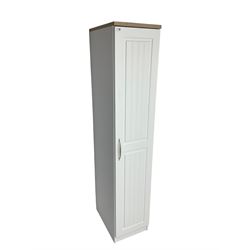 Oak and white finish tall narrow single wardrobe, fitted with shelves