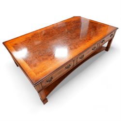 Siesta - Georgian design figured walnut coffee table, rectangular top with moulded edge, fitted with three cock-beaded and crossbanded drawers to each side, on square moulded supports united by a concave under-tier