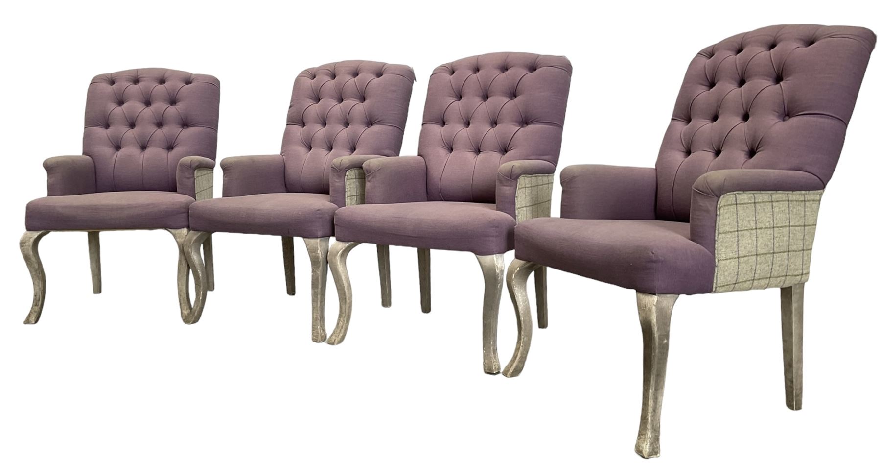 Voyage - four high back armchairs upholstered in buttoned lilac and tweed fabric, painted cabriole legs