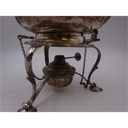 Early 20th century silver spirit kettle and burner, of oval form, with oblique gadrooned rim, engraved crest and ebonised handle and finial, the stand upon three scrolling pad feet, hallmarked Goldsmiths Silversmiths Company, London 1913, total H31cm