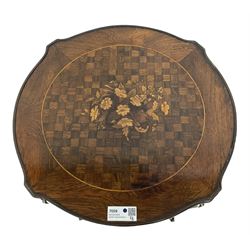 Early 20th century French two-tier marquetry inlaid walnut side table, shaped circular top with gilt metal edge, central chequered inlaid circular panel with floral motif, raised on cabriole supports with gilt metal mounts, united  by undertier