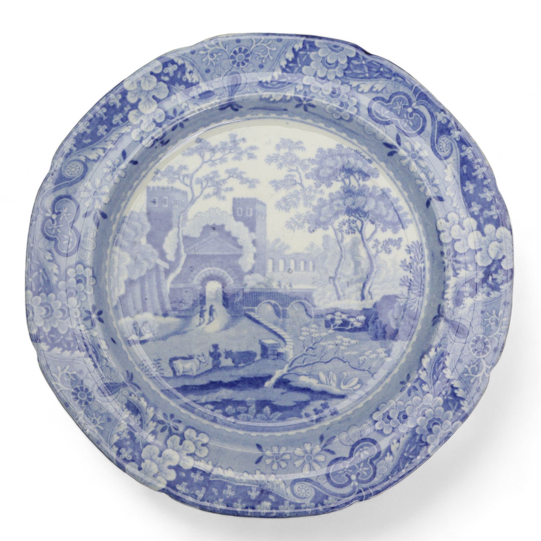 Early 19th century blue and white transfer printed plates including J & R Clews 'Wingfield Castle Suffolk', Copeland & Garrett New Blanche, Brameld 'Apple Collectors, 'Queen of Sheba', Spode 'Sarcophagi & Sepulchres', 'Ponte Rotto' and others (15)