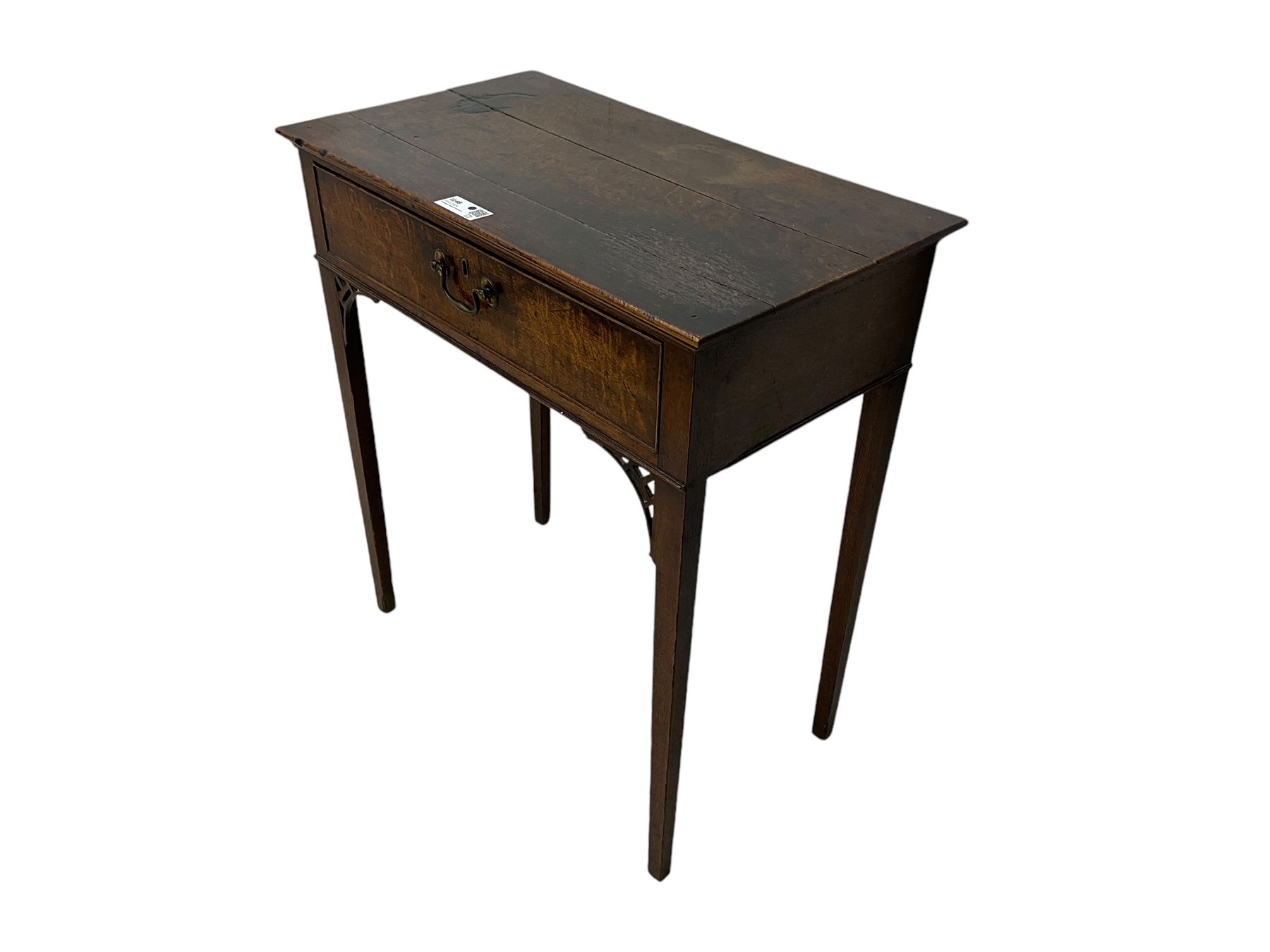 19th century oak side table, rectangular top over single cock-beaded drawers, on square tapering supports with fretwork corner brackets 