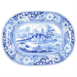 Early 19th century Henshall & Co blue and white transfer printed platter, depicting figure...