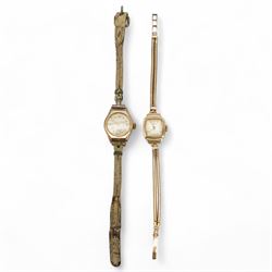 9ct gold manual wind wristwatch, on integral 9ct gold bracelet and a 9ct gold wristwatch, ...