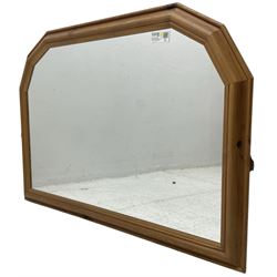 Large pine framed wall mirror, rectangular bevelled plate (104cm x 134cm); with another similar (74cm x 104cm)