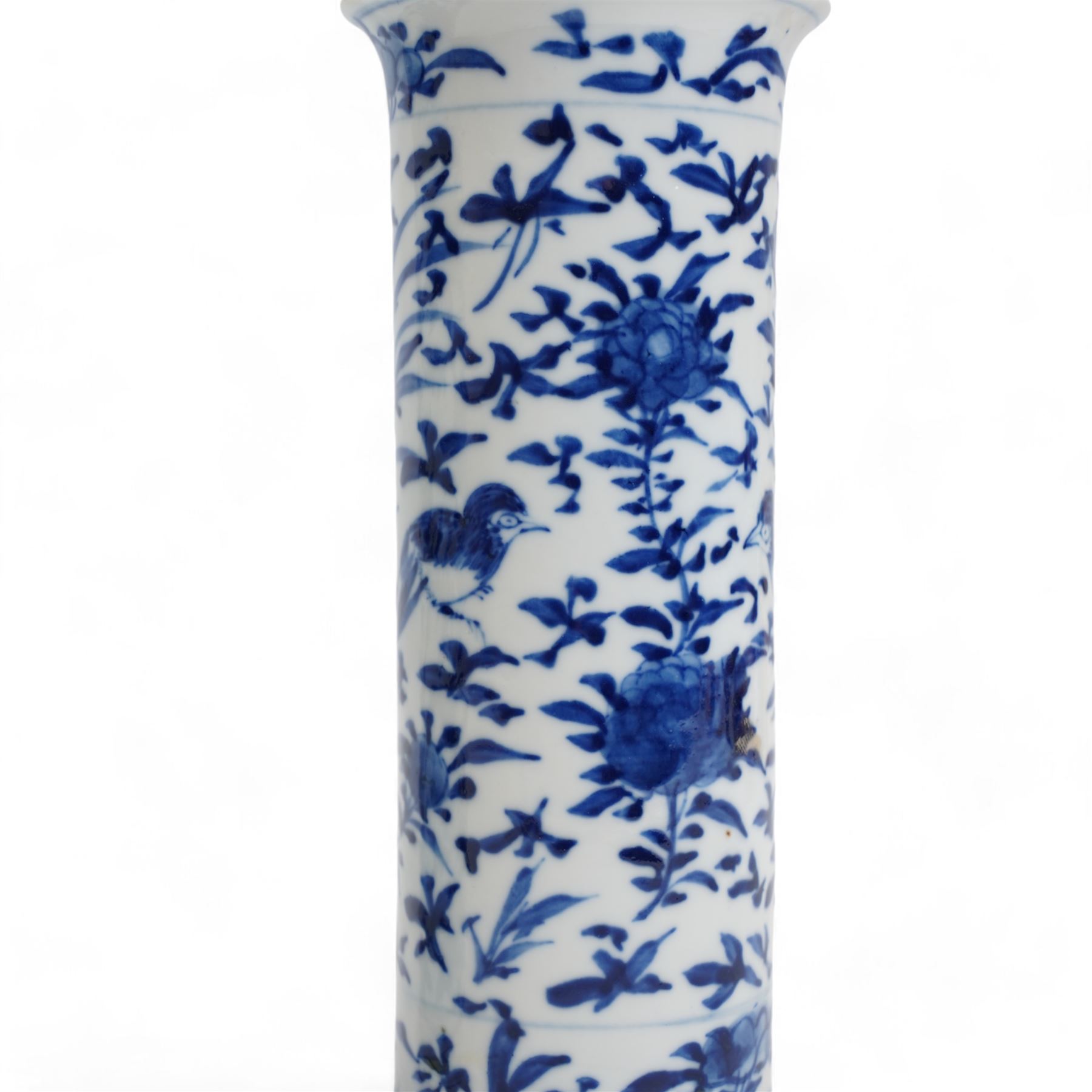 Pair of 19th century Chinese blue and white sleeve vases, each of cylindrical form with flared rim, painted with exotic birds amongst foliate sprays, four character Kangxi mark beneath, H21cm