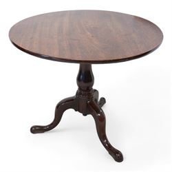 Large George III mahogany tripod table, circular single-piece tilt-top on turned baluster ...