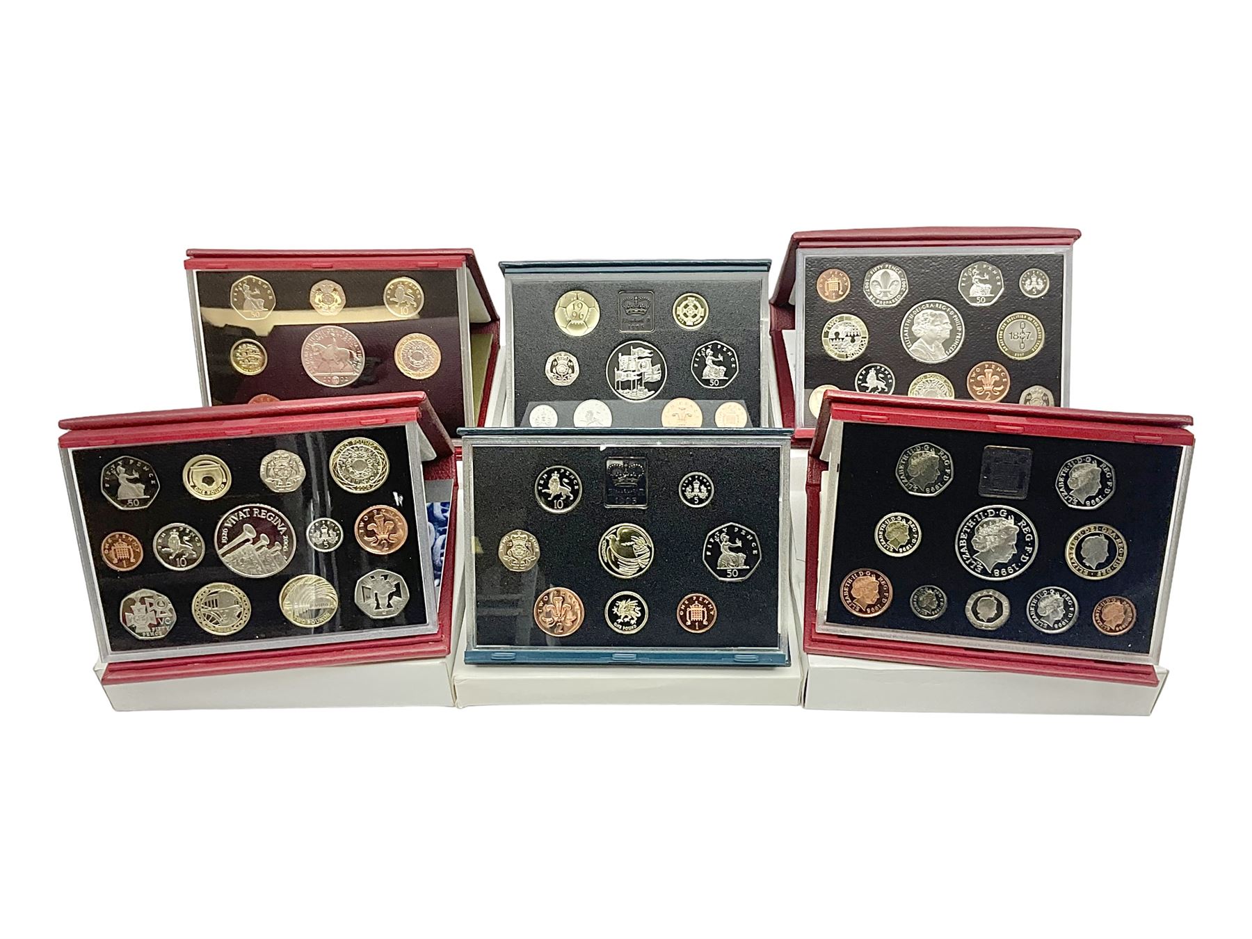 Six The Royal Mint United Kingdom proof coin collections, dated 1995, 1996, 1998, 2002, 2006 and 2007 all cased with certificates