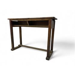 Victorian 1870s oak school desk, rectangular plank top with hinged opening to internal com...