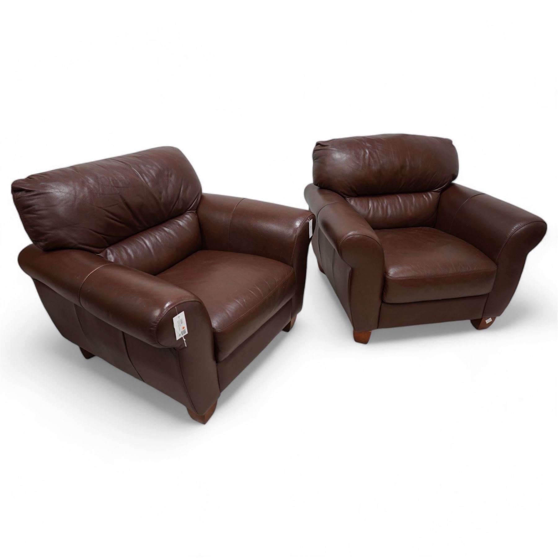 HTL - pair of traditional shape armchairs, upholstered in chocolate brown leather, on square tapering feet