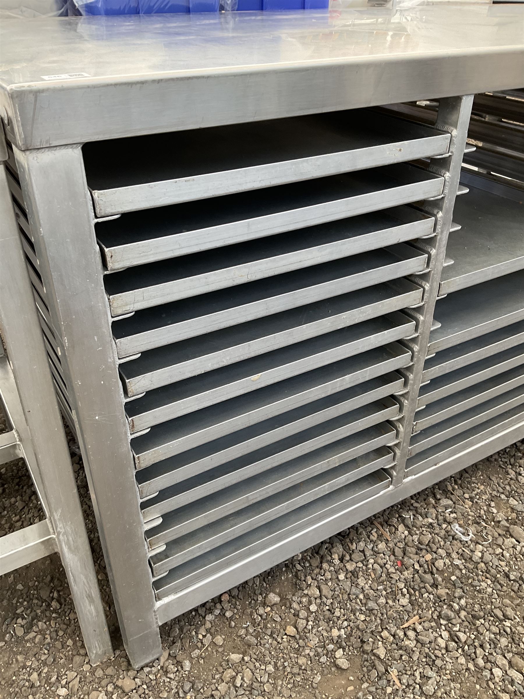 Aluminium framed and stainless steel commercial tray rack preparation table, 48 tray capacity, complete with 30 trays, trays size 66cm x 46 cm - THIS LOT IS TO BE COLLECTED BY APPOINTMENT FROM DUGGLEBY STORAGE, GREAT HILL, EASTFIELD, SCARBOROUGH, YO11 3TX