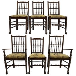 Set of six (4+2) 20th century oak spindle back dining chairs, with upholstered drop-on seat cushions, turned supports joined by turned stretchers