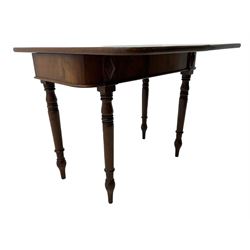 19th century mahogany tea table, fold-over swivel action rectangular top with rounded corners, figured frieze with stepped lozenge mounts, on turned supports