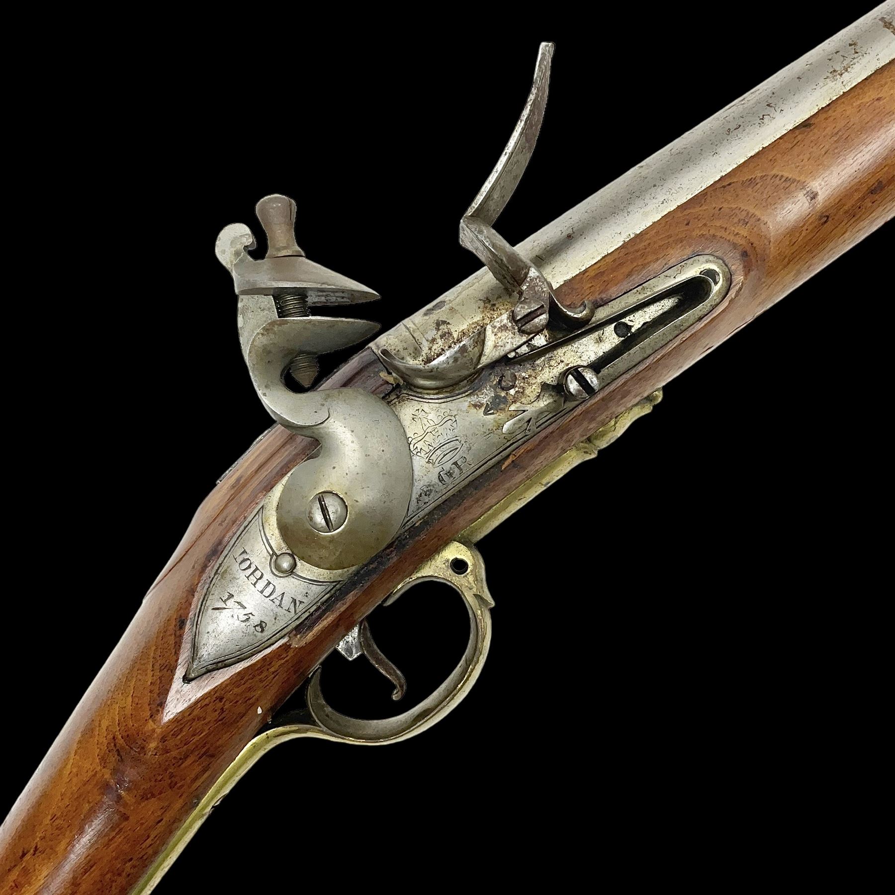 Brown Bess style 10-bore flintlock musket, the action marked with Crowned GR, 'Jordan' and dated 1758, the 104cm(41