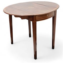 Regency inlaid mahogany Pembroke table, oval drop-leaf top with banded edge, fitted with s...