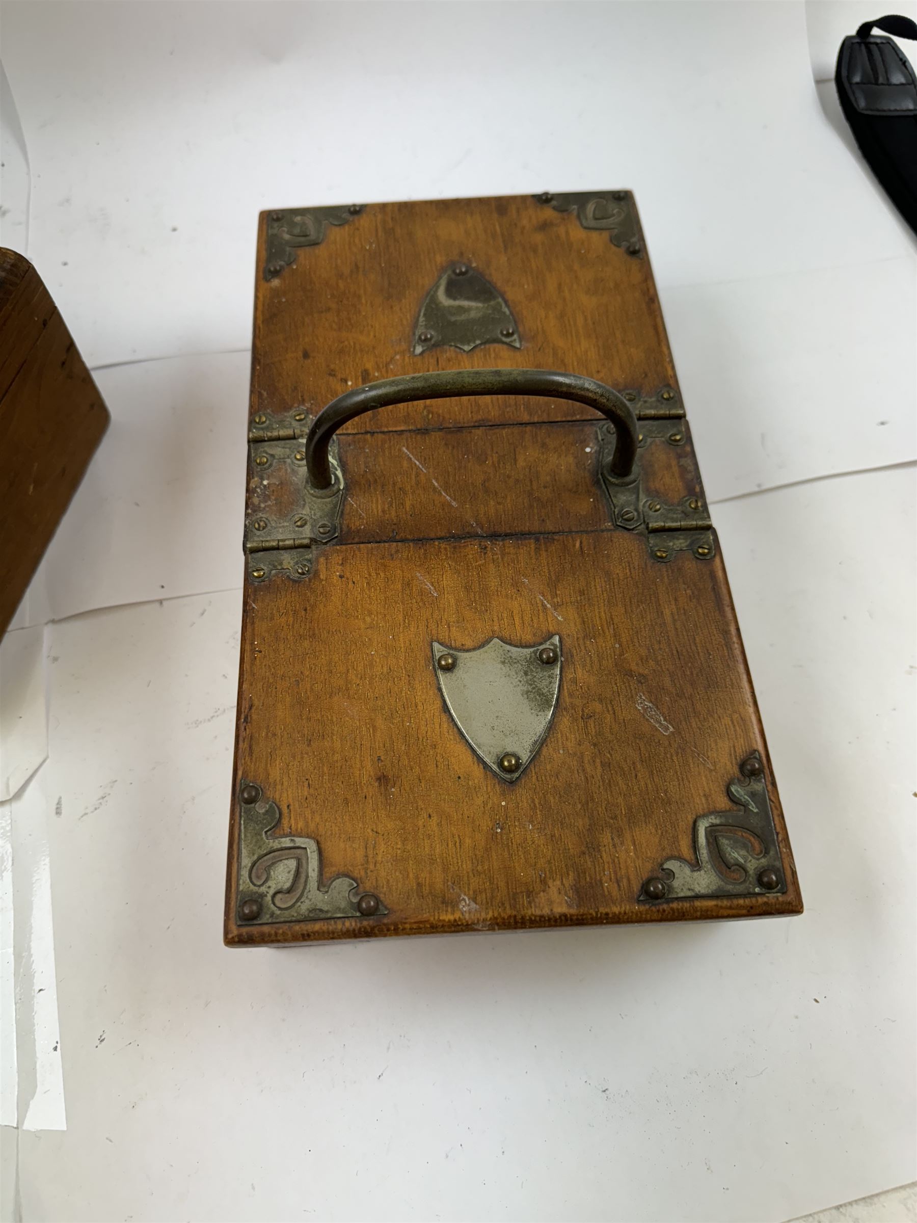 Group of wooden boxes and tins, including oak two compartment cigarette box, money tins, inlaid tea caddy, etc