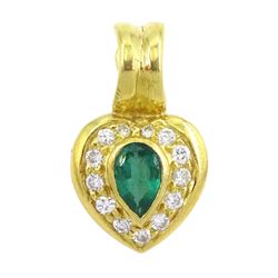 18ct gold pear cut emerald and round brilliant cut diamond heart pendant