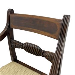 Georgian design set of six (6+2) mahogany dining chairs, the bar cresting rail inlaid with figured mahogany panel, shaped twist lobe carved middle rail with extending stylised leaf decoration, upholstered drop-in seat, on turned front supports 