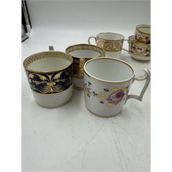 19th century tea wares, to include pair of Derby tea cups and saucers decorated in green, red and gilt foliate swags, each with painted mark beneath, Spode 889 pattern coffee can and saucer, saucer with painted pattern number in iron red beneath, and a number of various coffee cans and cups to include further Derby examples, (12)