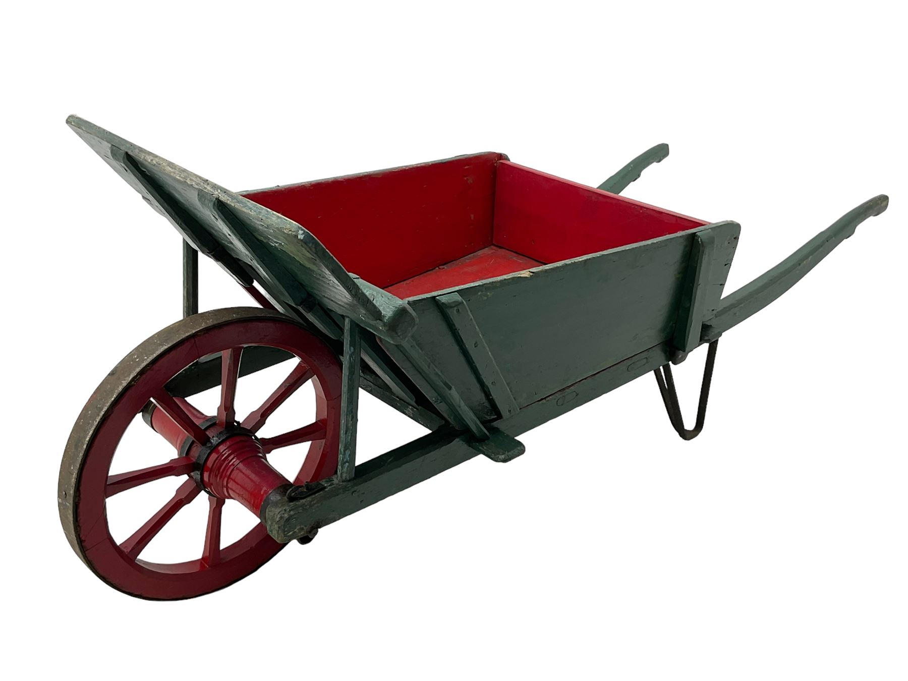 19th century green and red painted wooden wheelbarrow, flat bed with removable sides and back, wooden and wrought metal strap wheel 