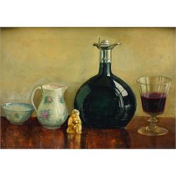 Ida Lillie Strother-Stewart (British 1890-1954): Still Life of Wine and Porcelain, oil on canvas  signed 23cm x 33cm 