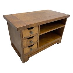 John Lewis - 'Bergerac' oak television stand, rectangular plank top over three drawers with cut-out handles to the left and open shelving to the right, on square supports with slanted edges