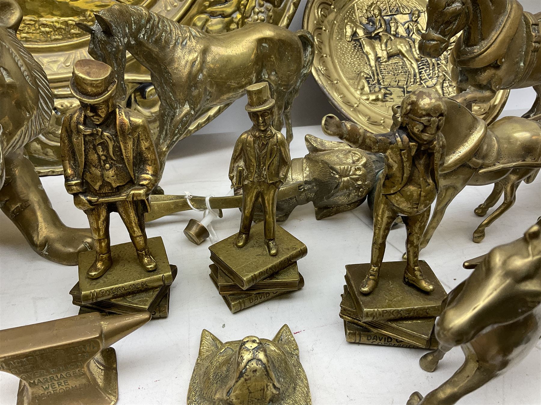 Large brass sculpture, together with a quantity of metalware, including brass tiger with gaping mouth, copper horn, brass dog with a pheasant , collection of brass horses, brass door knocker etc, sculpture H80cm