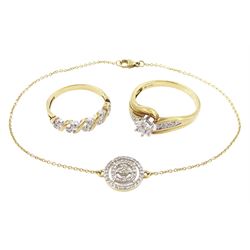 Two gold diamond rings and a gold diamond circular bracelet, all 9ct