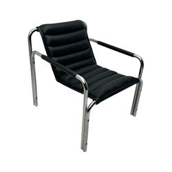 Baroumand Designs - pair of mid 20th century modernist armchairs, slung black leather seat with horizontal channel tufting, tubular chrome frame with curved arms, raised on tubular supports