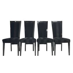 Set of four contemporary ebonised high back dining chairs, upholstered in black velvet fabric