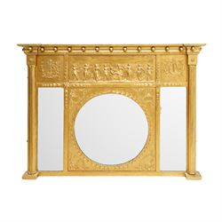 Regency gilt framed overmantle mirror, projecting cornice over cavetto frieze decorated wi...