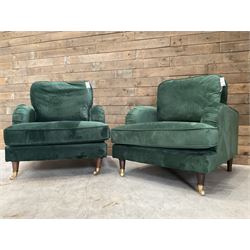 Pair of Howard design armchairs, upholstered in jade green velvet fabric