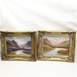 J F Sim (British 20th Century): Highland Scenes with Cattle and Stags, pair oils on canvas signed in matching gilt frames 29cm x 40cm (2)