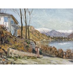 Eugene Fassy (Mid 20th century): Lake Lugano Switzerland, oil on canvas board signed 21cm x 27cm