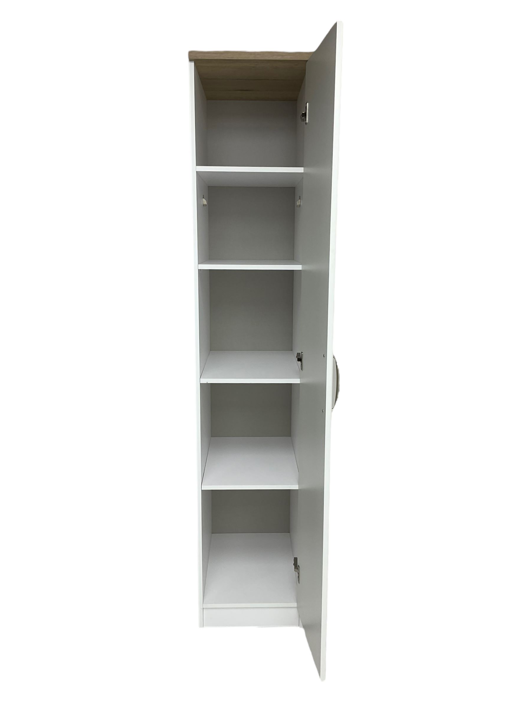 Oak and white finish tall narrow single wardrobe, fitted with shelves