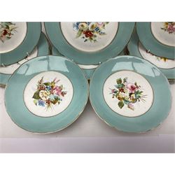 Victorian dessert service, comprising three comports and twelve plates, each decorated with floral sprigs to the centre with a blue and gilt border